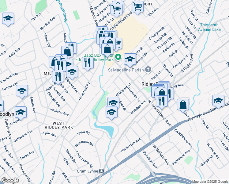 map of restaurants, bars, coffee shops, grocery stores, and more near 210 Water Street in Ridley Park