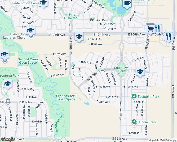 map of restaurants, bars, coffee shops, grocery stores, and more near 10179 Richfield Way in Commerce City