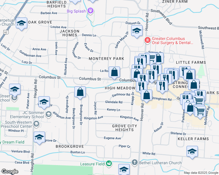 map of restaurants, bars, coffee shops, grocery stores, and more near 2674 Queensway Drive in Grove City