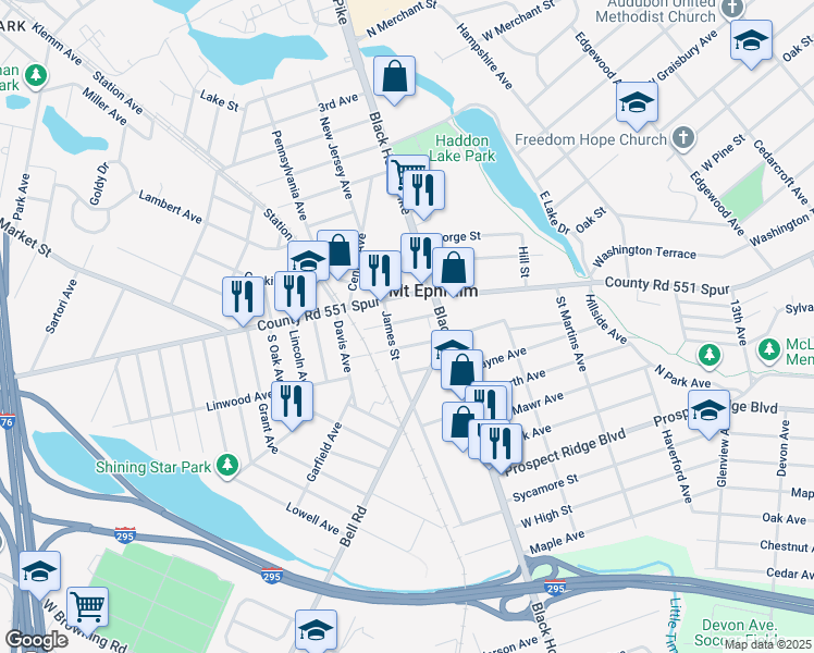 map of restaurants, bars, coffee shops, grocery stores, and more near 30 Mount Ephraim Avenue in Mount Ephraim