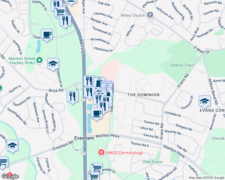 map of restaurants, bars, coffee shops, grocery stores, and more near 92 Brick Road in Evesham