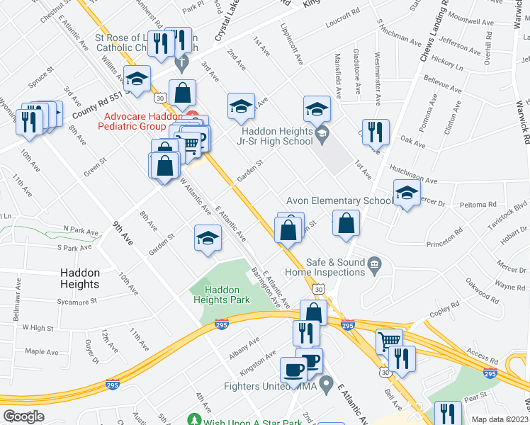 map of restaurants, bars, coffee shops, grocery stores, and more near 401 White Horse Pike in Haddon Heights