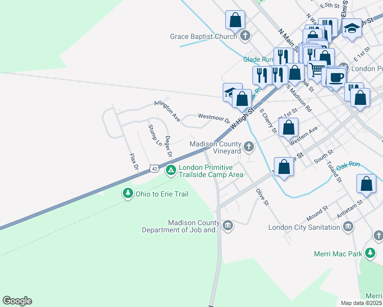 map of restaurants, bars, coffee shops, grocery stores, and more near 255 West High Street in London