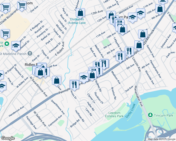 map of restaurants, bars, coffee shops, grocery stores, and more near 109 Hinkson Boulevard in Ridley Park