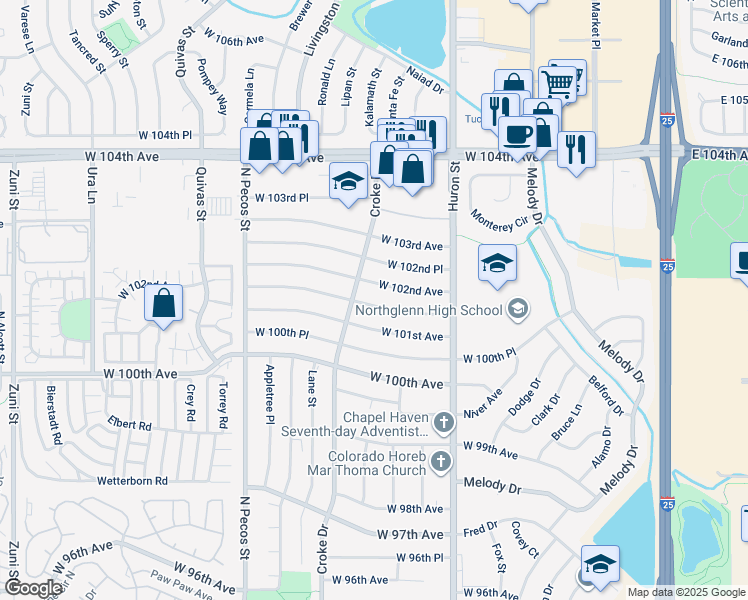 map of restaurants, bars, coffee shops, grocery stores, and more near 1085 West 101st Place in Northglenn