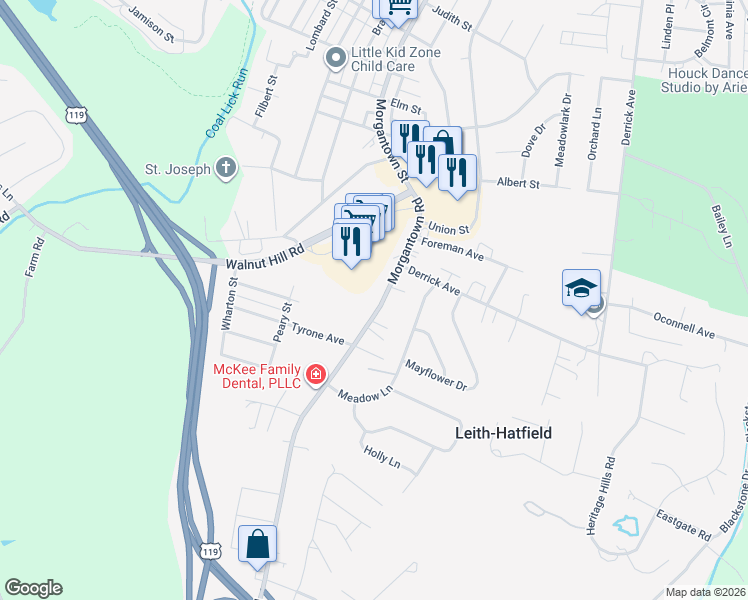 map of restaurants, bars, coffee shops, grocery stores, and more near 614 Morgantown Road in Uniontown