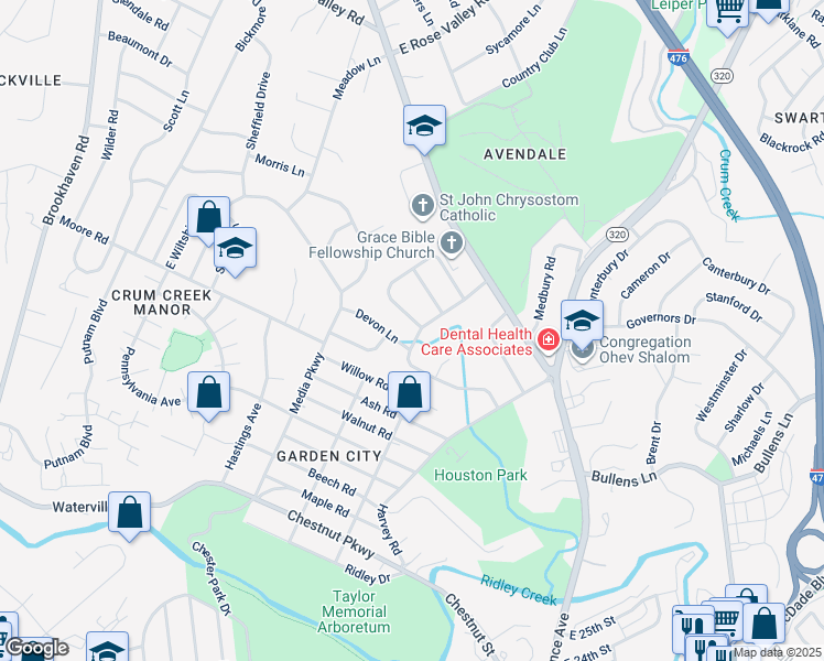 map of restaurants, bars, coffee shops, grocery stores, and more near 23 Berkshire Drive in Nether Providence Township