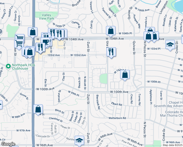 map of restaurants, bars, coffee shops, grocery stores, and more near 10111 Wyandott Circle North in Thornton