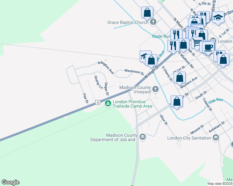 map of restaurants, bars, coffee shops, grocery stores, and more near 255 West High Street in London