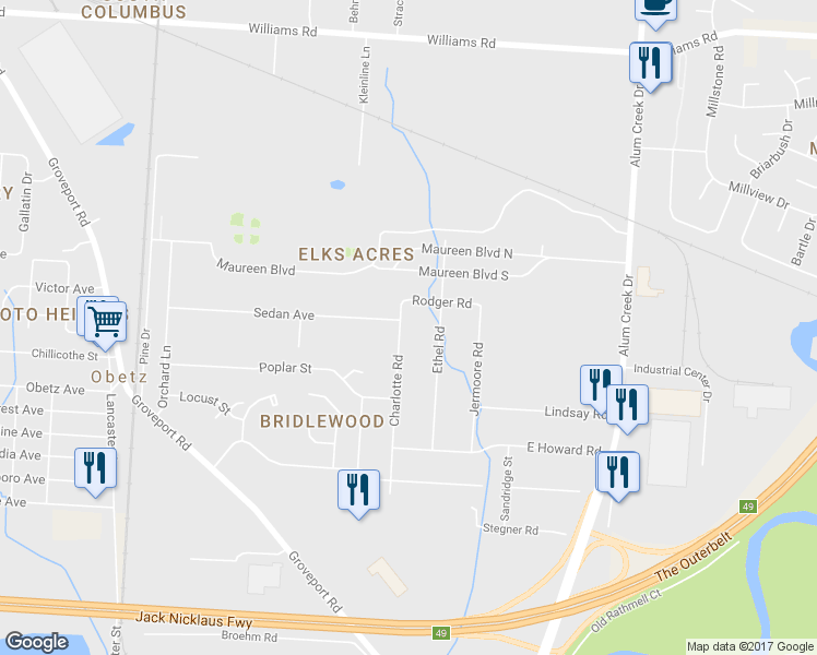 map of restaurants, bars, coffee shops, grocery stores, and more near 4284 Charlotte Road in Obetz