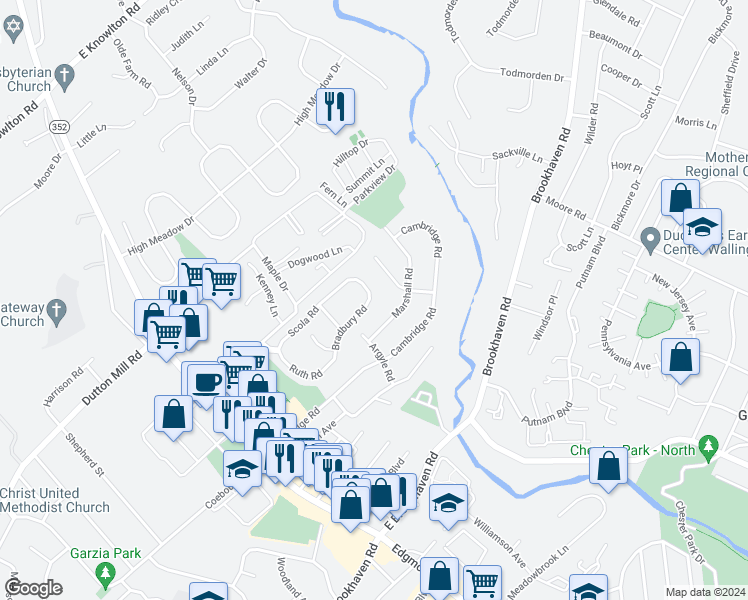 map of restaurants, bars, coffee shops, grocery stores, and more near 204 Aucott Road in Brookhaven