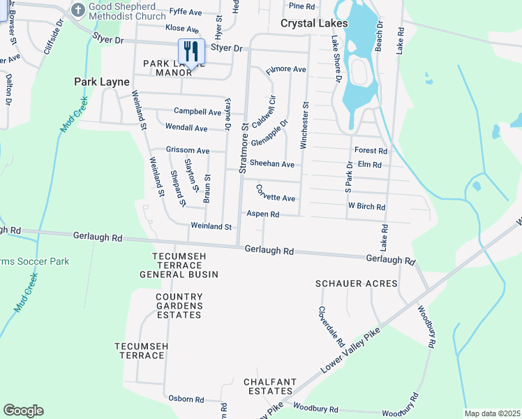 map of restaurants, bars, coffee shops, grocery stores, and more near 912 Aspen Road in New Carlisle