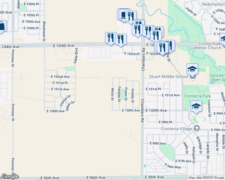 map of restaurants, bars, coffee shops, grocery stores, and more near 10131 Altura Street in Commerce City
