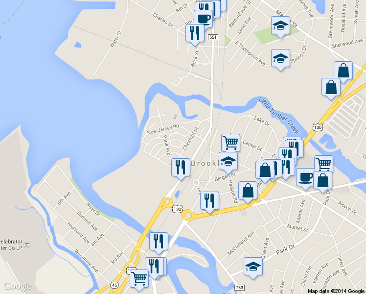 map of restaurants, bars, coffee shops, grocery stores, and more near 207 Chestnut Street in Brooklawn
