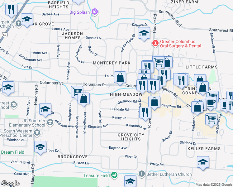 map of restaurants, bars, coffee shops, grocery stores, and more near 2674 Queensway Drive in Grove City