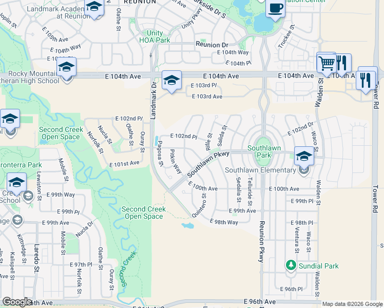 map of restaurants, bars, coffee shops, grocery stores, and more near 10179 Richfield Way in Commerce City