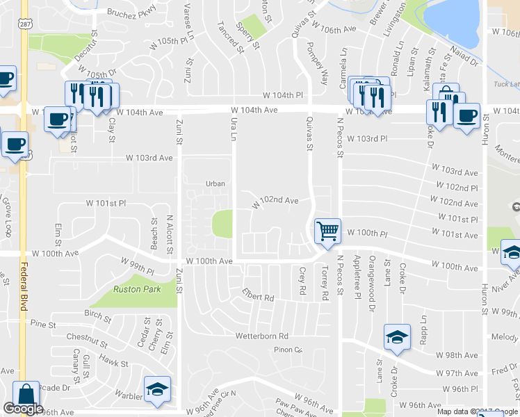 map of restaurants, bars, coffee shops, grocery stores, and more near 1916 West 102nd Avenue in Thornton