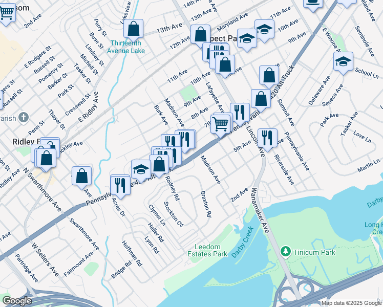 map of restaurants, bars, coffee shops, grocery stores, and more near 615 East Chester Pike in Ridley Park