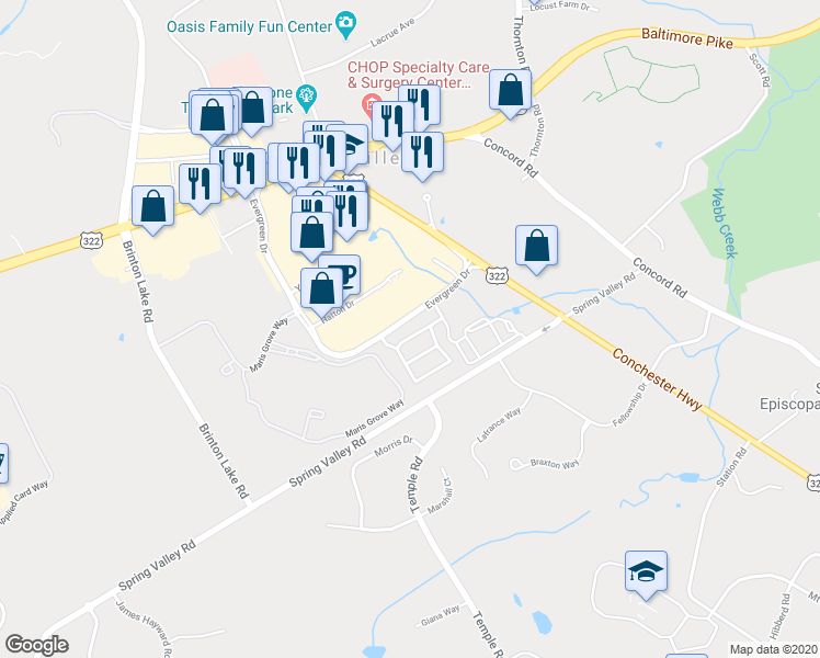 map of restaurants, bars, coffee shops, grocery stores, and more near 418 Elton Farm Circle in Glen Mills
