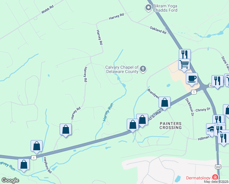 map of restaurants, bars, coffee shops, grocery stores, and more near 111 Harvey Lane in Chadds Ford