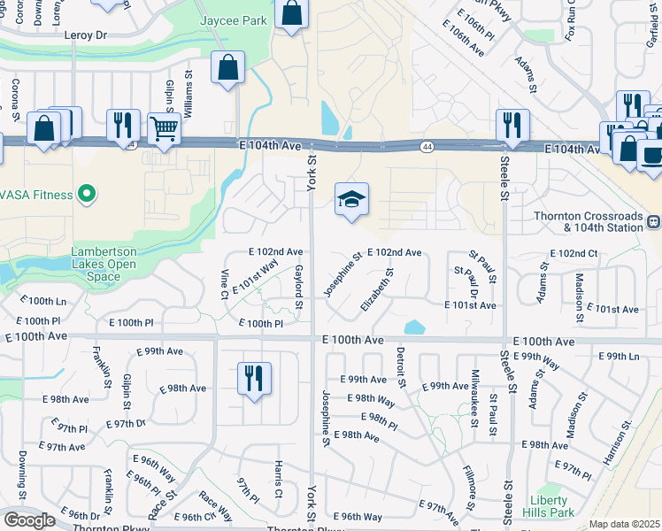 map of restaurants, bars, coffee shops, grocery stores, and more near 2323 East 101st Place in Thornton
