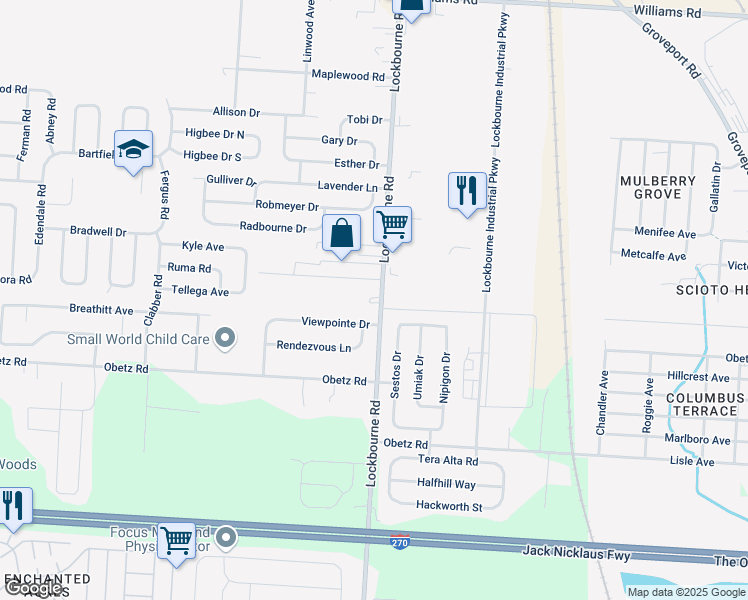 map of restaurants, bars, coffee shops, grocery stores, and more near 4449 Lockbourne Road in Columbus