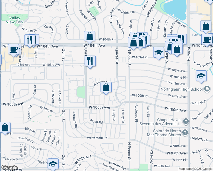 map of restaurants, bars, coffee shops, grocery stores, and more near 1818 West 102nd Avenue in Thornton