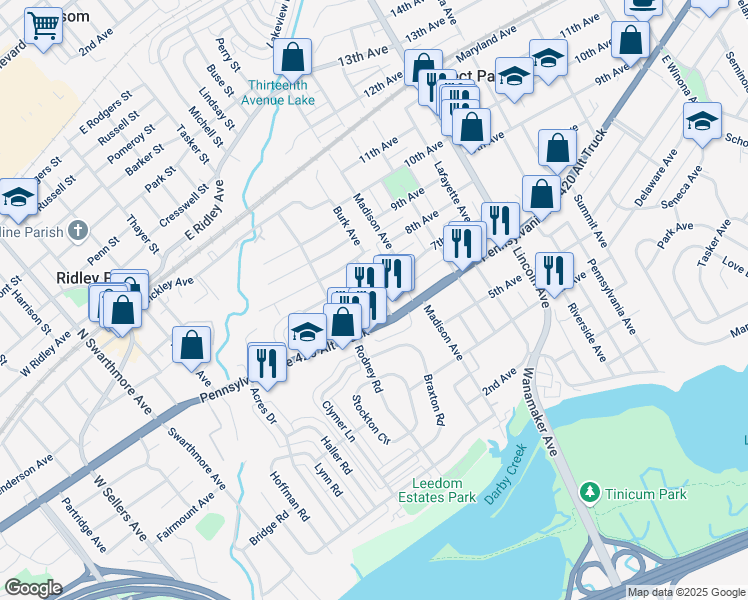 map of restaurants, bars, coffee shops, grocery stores, and more near 525 East Chester Pike in Ridley Park