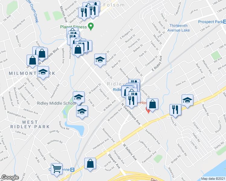 map of restaurants, bars, coffee shops, grocery stores, and more near 315 North Swarthmore Avenue in Ridley Park