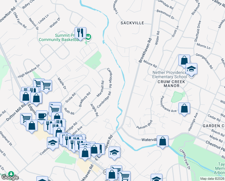 map of restaurants, bars, coffee shops, grocery stores, and more near 627 Cambridge Road in Brookhaven