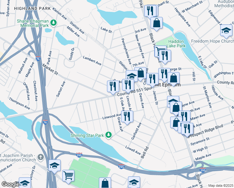 map of restaurants, bars, coffee shops, grocery stores, and more near 511 County Road 551 Spur in Mount Ephraim