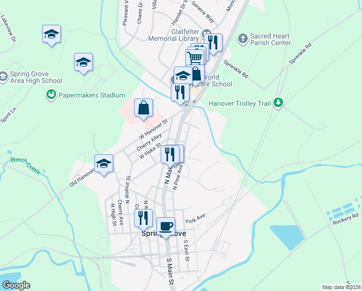 map of restaurants, bars, coffee shops, grocery stores, and more near 299 North Main Street in Spring Grove