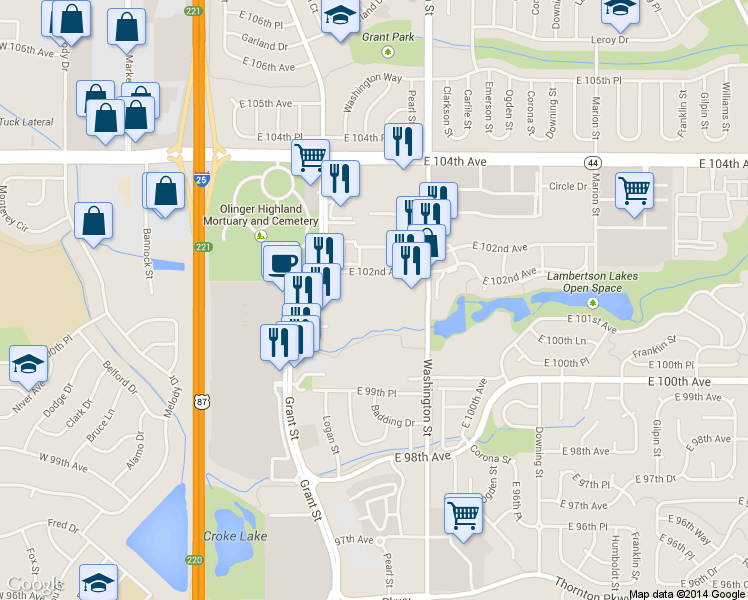 map of restaurants, bars, coffee shops, grocery stores, and more near 550 East 102nd Avenue in Denver