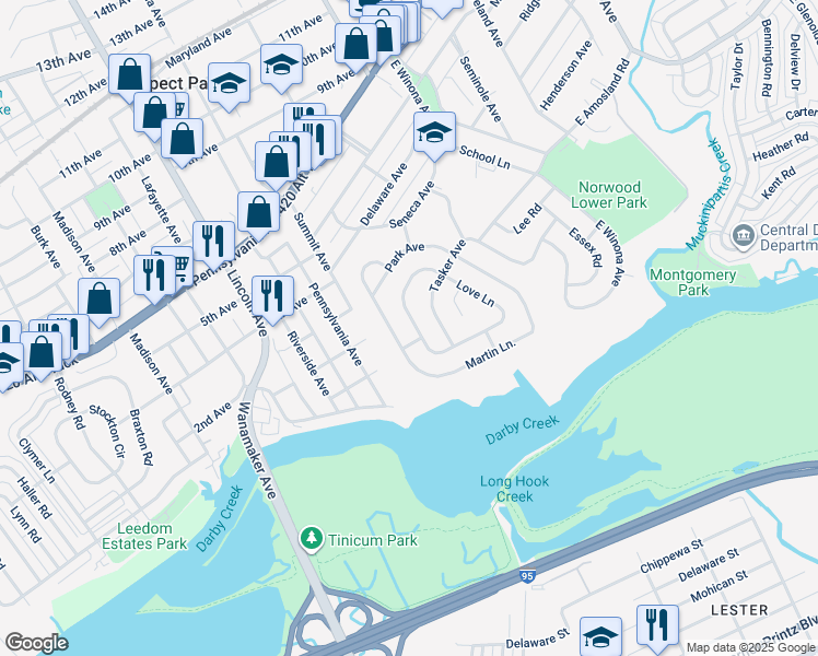 map of restaurants, bars, coffee shops, grocery stores, and more near 213 Love Lane in Norwood