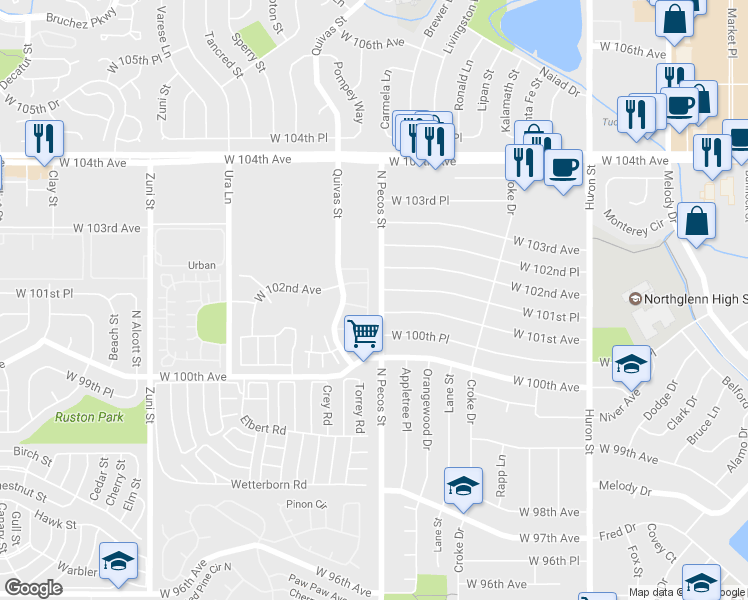 map of restaurants, bars, coffee shops, grocery stores, and more near 10123 North Pecos Street in Northglenn