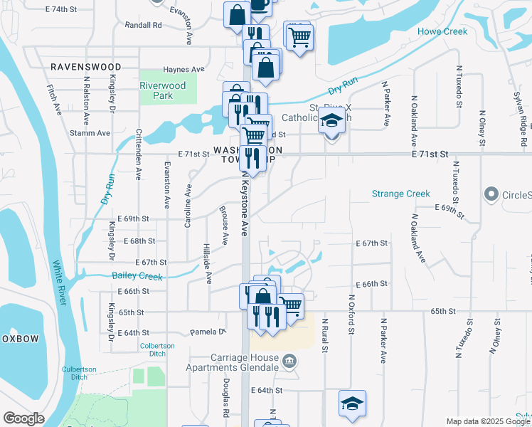 map of restaurants, bars, coffee shops, grocery stores, and more near 2417 Butterfield Drive in Indianapolis