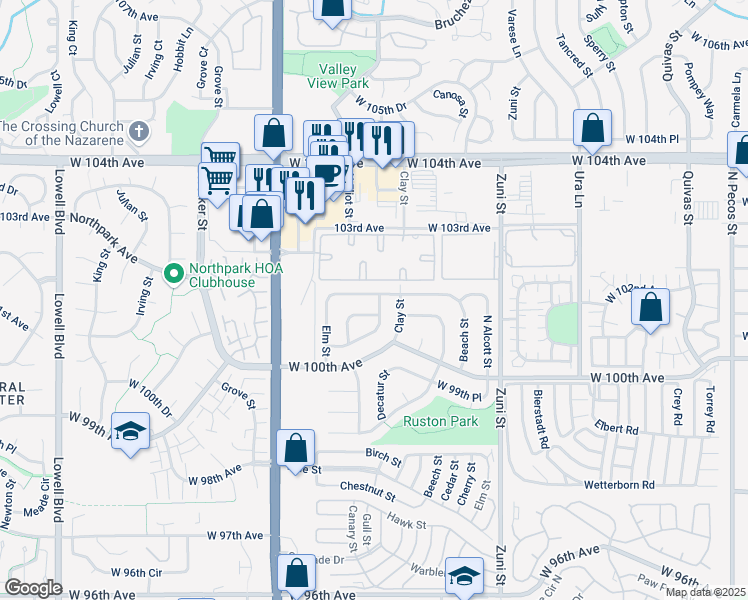 map of restaurants, bars, coffee shops, grocery stores, and more near 2708 West 101st Place in Federal Heights