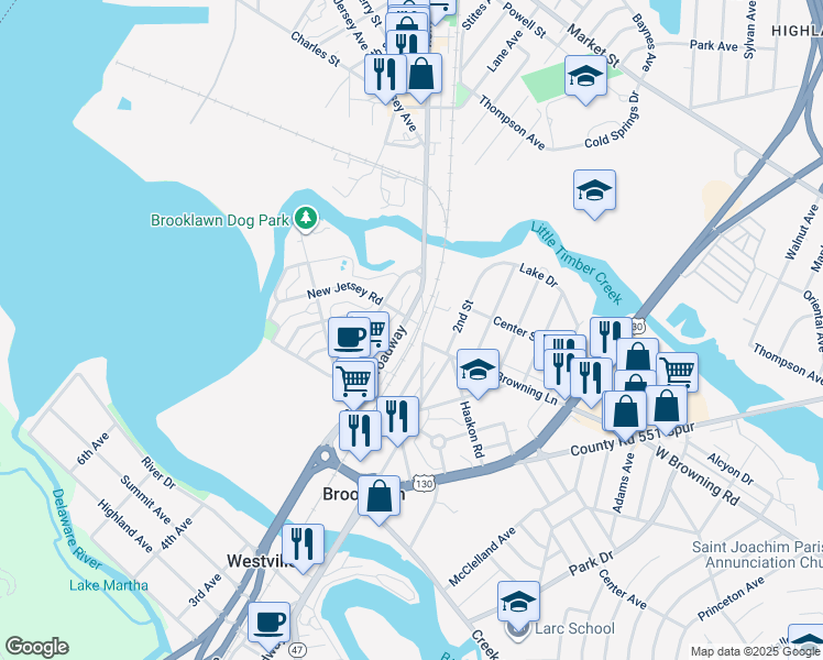 map of restaurants, bars, coffee shops, grocery stores, and more near 312 New Broadway in Brooklawn