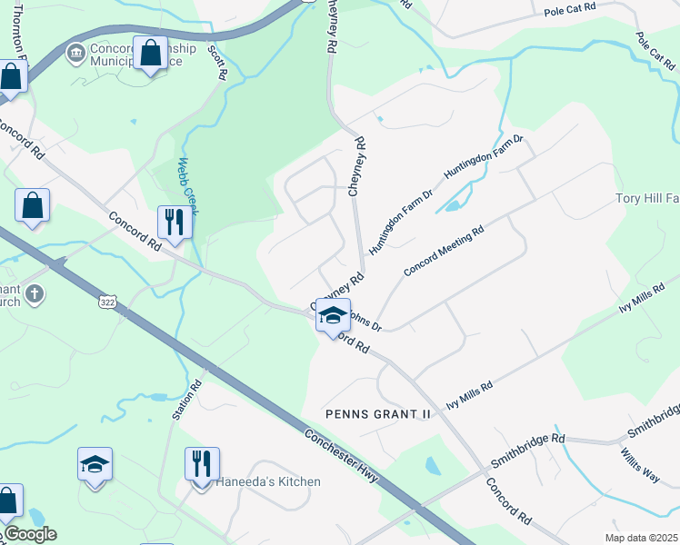 map of restaurants, bars, coffee shops, grocery stores, and more near 6 Hannah Drive in Glen Mills