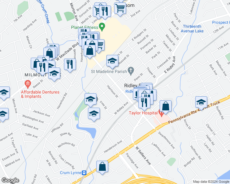 map of restaurants, bars, coffee shops, grocery stores, and more near 407 Harrison Street in Ridley Park