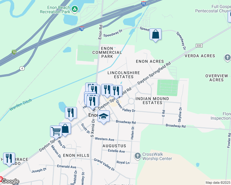 map of restaurants, bars, coffee shops, grocery stores, and more near 304 East Main Street in Enon