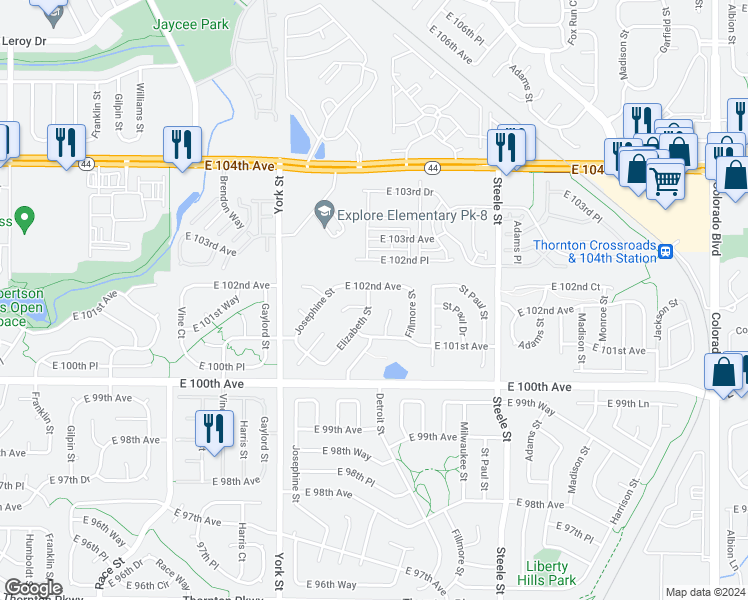 map of restaurants, bars, coffee shops, grocery stores, and more near 10188 Elizabeth Street in Thornton
