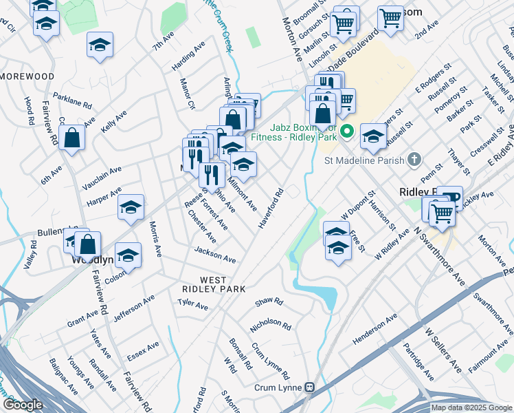 map of restaurants, bars, coffee shops, grocery stores, and more near 108 Milmont Avenue in Woodlyn