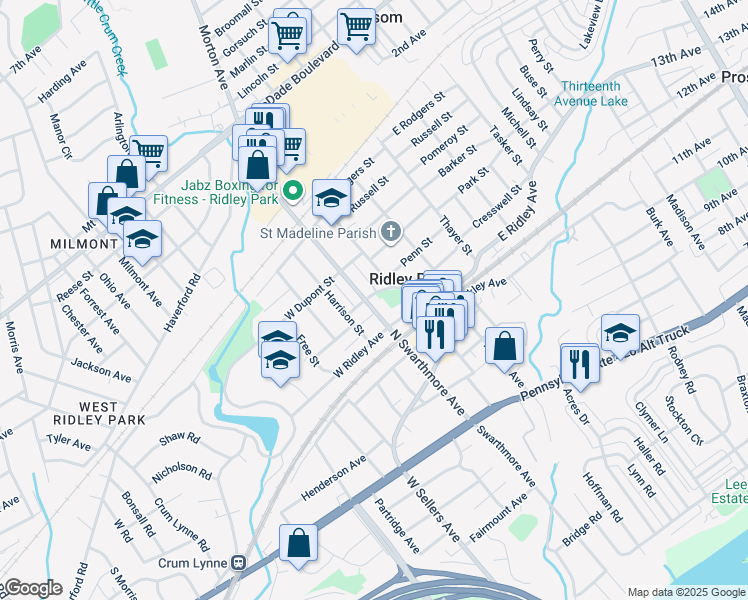 map of restaurants, bars, coffee shops, grocery stores, and more near 315 North Swarthmore Avenue in Ridley Park