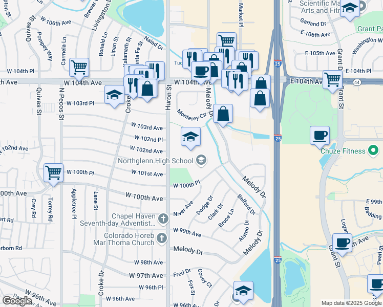 map of restaurants, bars, coffee shops, grocery stores, and more near 601 West 100th Place in Northglenn