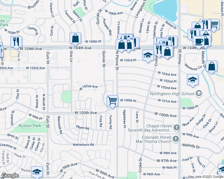 map of restaurants, bars, coffee shops, grocery stores, and more near 10123 North Pecos Street in Northglenn