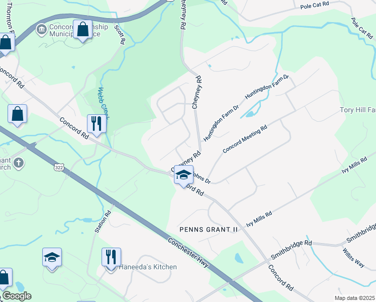 map of restaurants, bars, coffee shops, grocery stores, and more near 6 Hannah Drive in Glen Mills