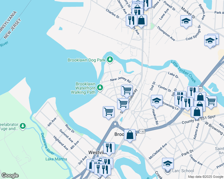 map of restaurants, bars, coffee shops, grocery stores, and more near 211 Paris Avenue in Brooklawn