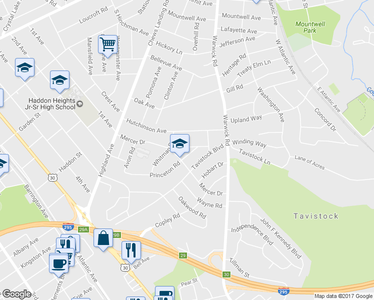map of restaurants, bars, coffee shops, grocery stores, and more near 418 Peltoma Road in Haddonfield
