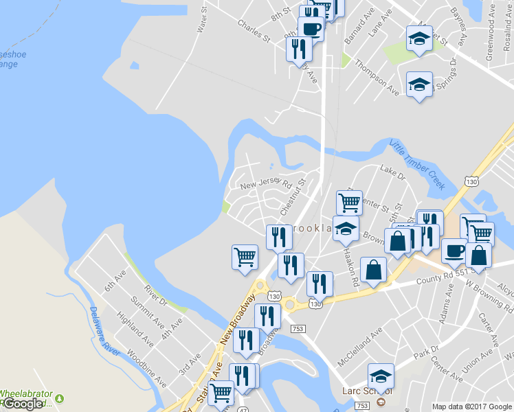 map of restaurants, bars, coffee shops, grocery stores, and more near 211 Paris Avenue in Brooklawn